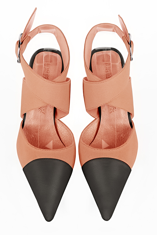 Dark grey and peach orange women's open back shoes, with crossed straps. Pointed toe. Very high slim heel. Top view - Florence KOOIJMAN